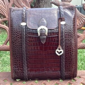 Vintage Brighton Mahogany Silver Flap Top Croc Embossed Leather Messenger Bag